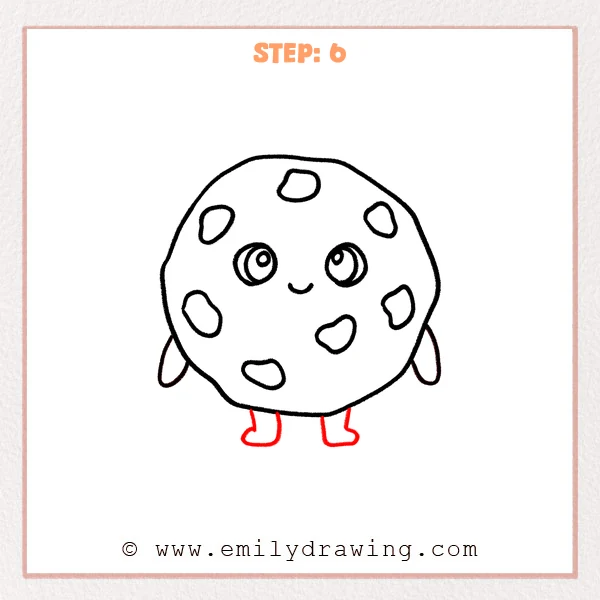 how to draw a cartoon cookie - Step 6 adds two short legs and rounded boot-like feet under the cartoon cookie, making it look like it’s standing.